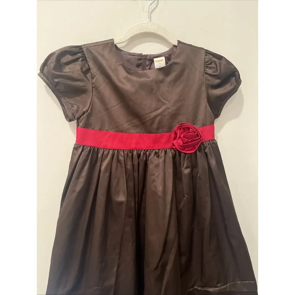 Gymboree Dress Girls Size 10 Brown‎ Satin Puff Sleeve Red Sash Flower Holiday